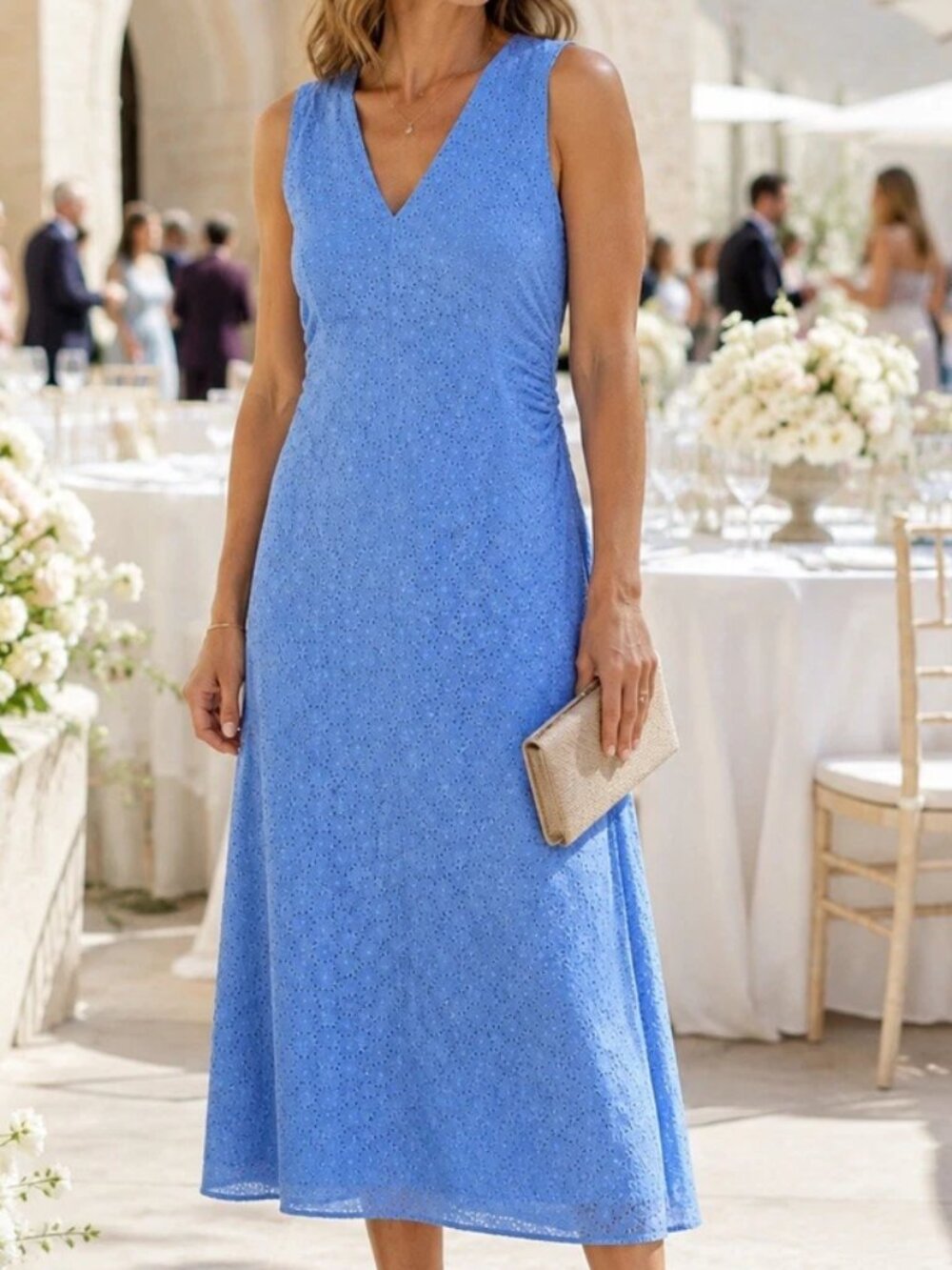 NWT Donna Morgan Blue Eyelet Midi Flare Dress V Neck 8